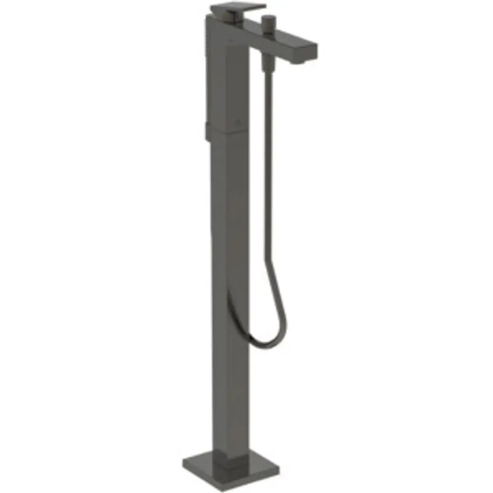 Freistehende Armatur in Magnetic Grey von Ideal Standard, mit einem langen Auslauf und einem Handbrauseanschluss, auf quadratischem Fuß montiert.